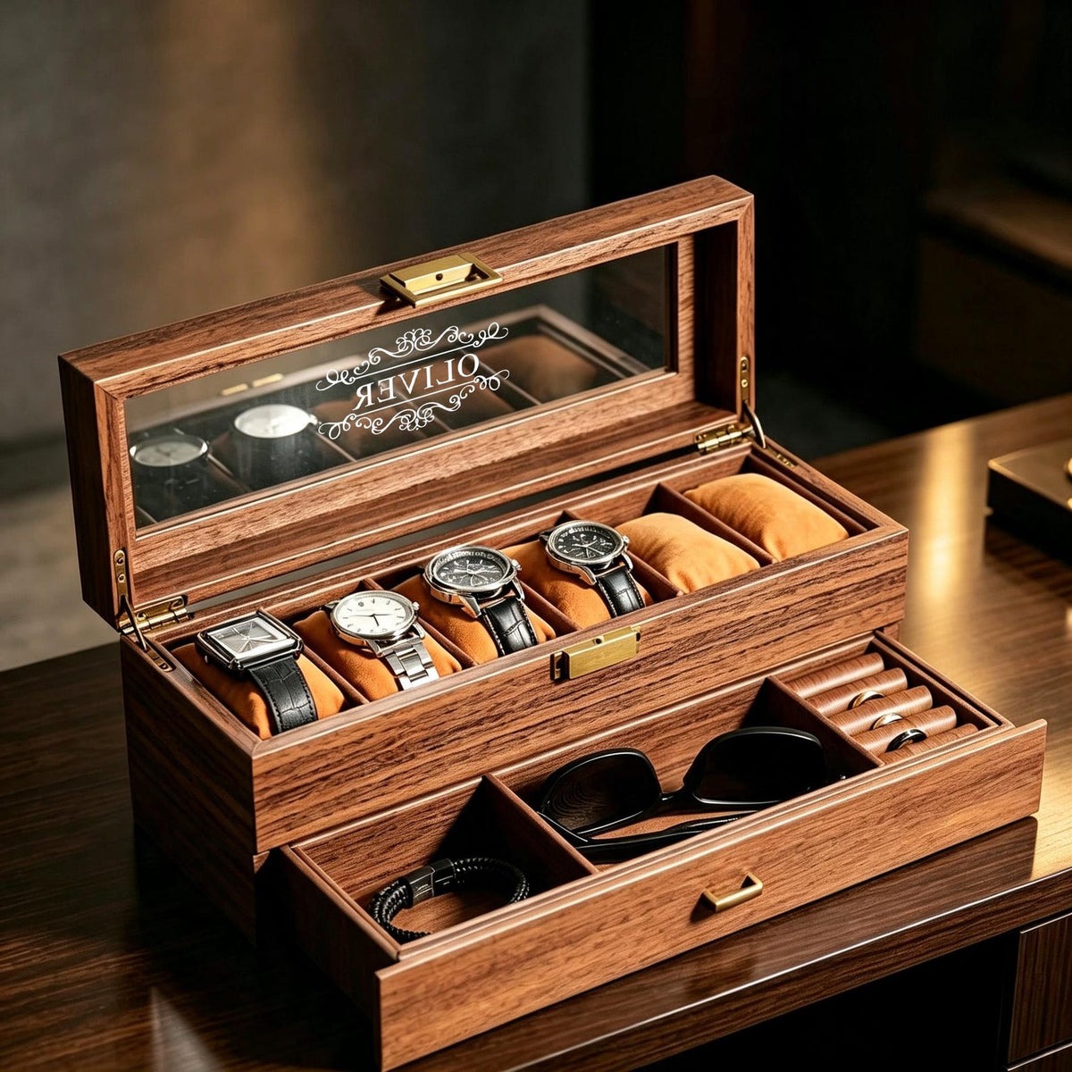 Personalized Wooden Watch Box with Drawer,Custom Engraved Watch Storage Case for Men, Watch Display Organizer Gift for Dad Husband Groomsmen