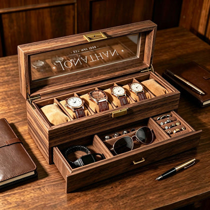Custom Engraved Watch Box – Double Layer Jewelry Organizer, Vintage Style Storage ,Gift For Him