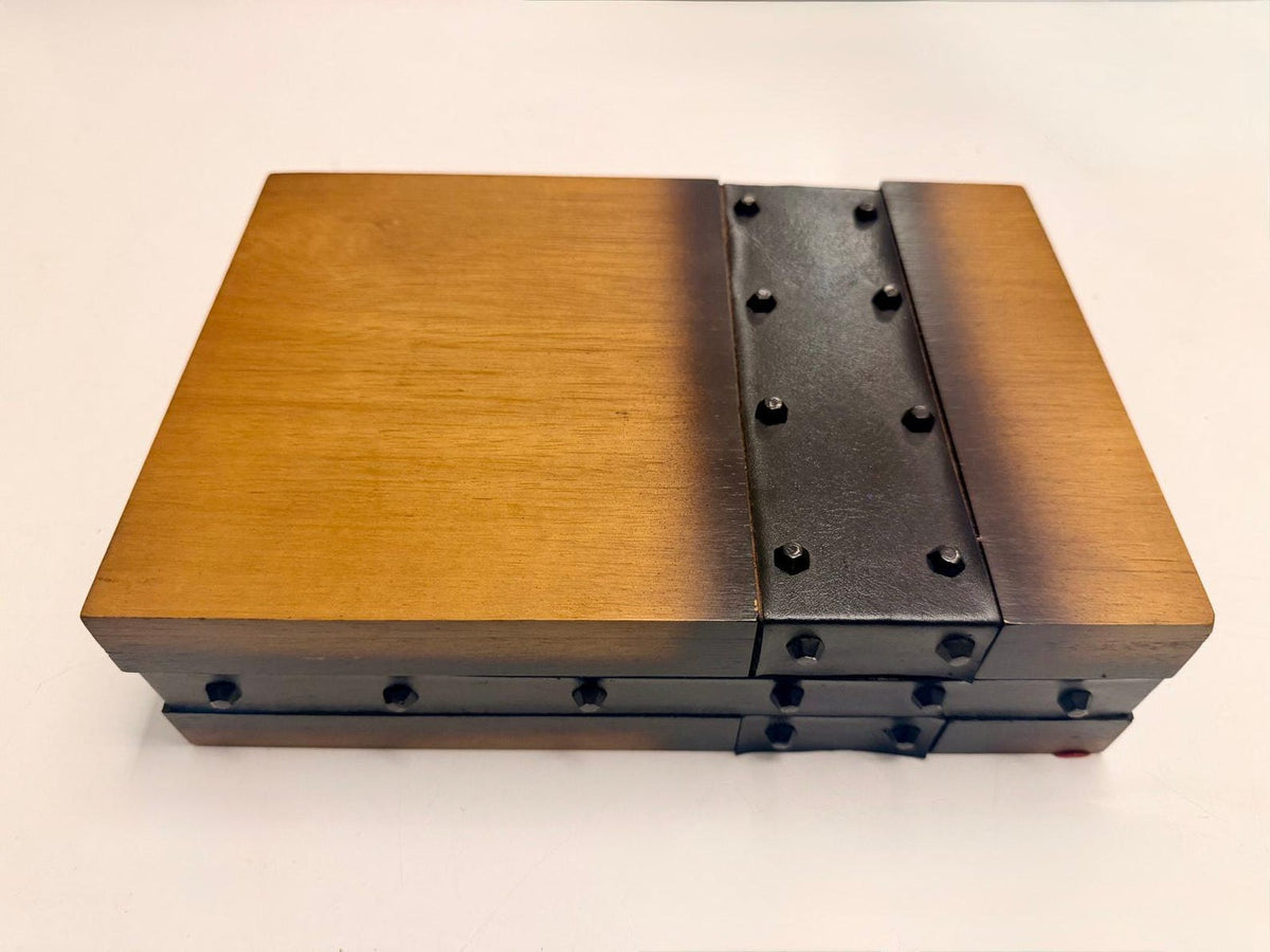 Vintage Wooden Jewelry Box with Studded Leather Accent, Mid Century Brutalist Valet Box with Red Velvet Lining, Men's Watch Case