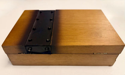 Vintage Wooden Jewelry Box with Studded Leather Accent, Mid Century Brutalist Valet Box with Red Velvet Lining, Men's Watch Case