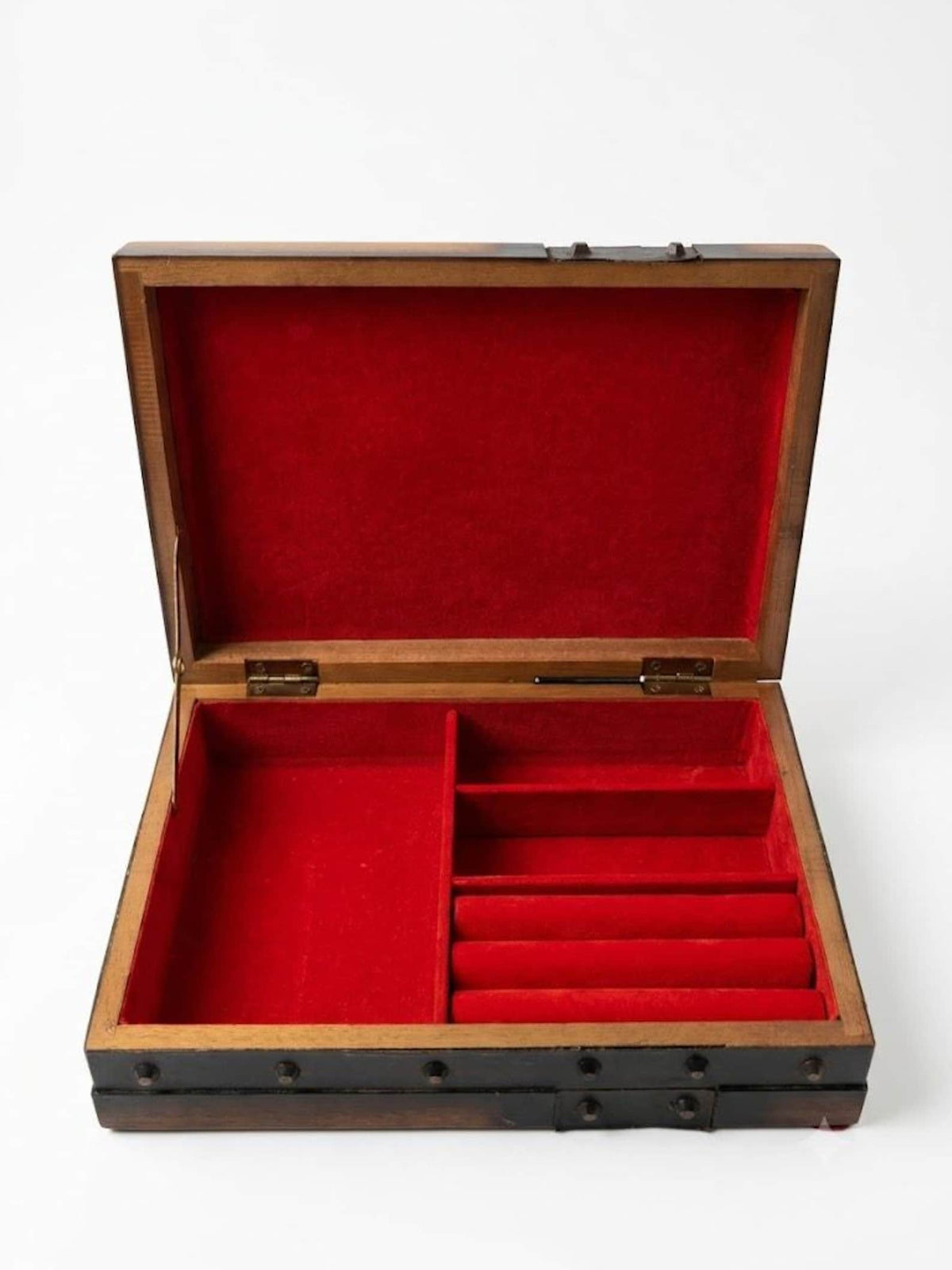 Vintage Wooden Jewelry Box with Studded Leather Accent, Mid Century Brutalist Valet Box with Red Velvet Lining, Men's Watch Case