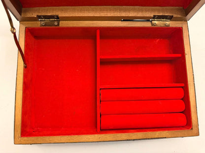 Vintage Wooden Jewelry Box with Studded Leather Accent, Mid Century Brutalist Valet Box with Red Velvet Lining, Men's Watch Case