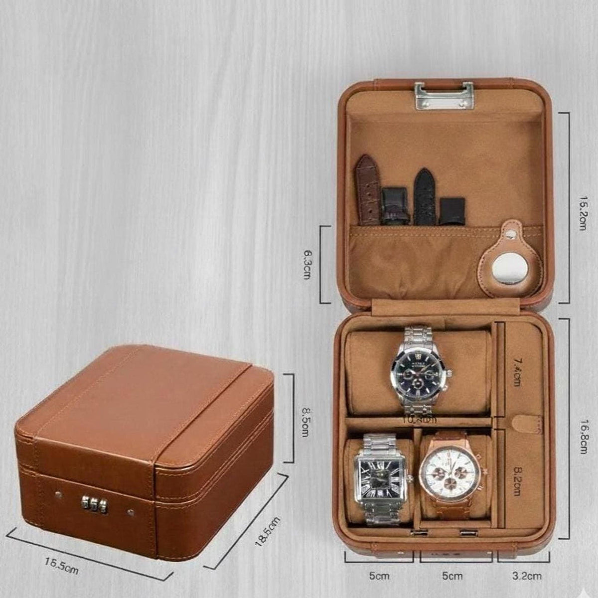 Leather Watch Box with Lock, AirTag Holder & Multi-Slot Storage Organizer