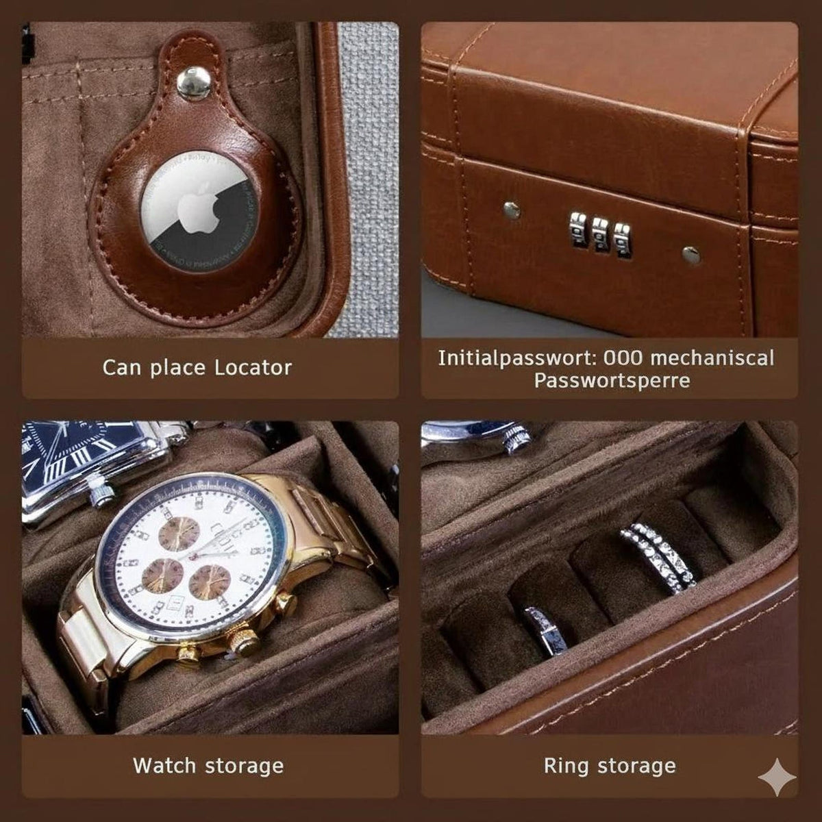 Leather Watch Box with Lock, AirTag Holder & Multi-Slot Storage Organizer