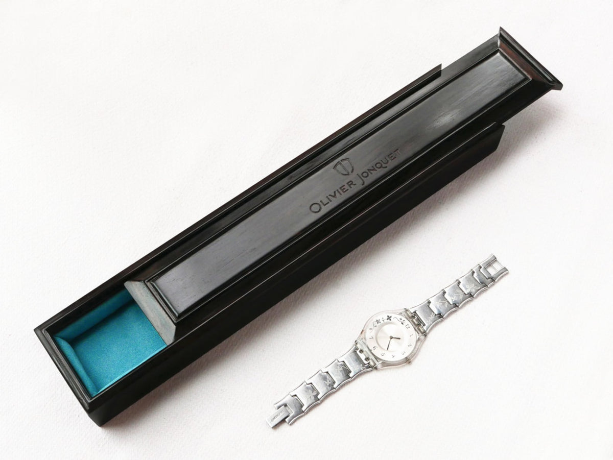 Custom Engraved Black Ebony Wood Watch Box, Aqua Suede Interior