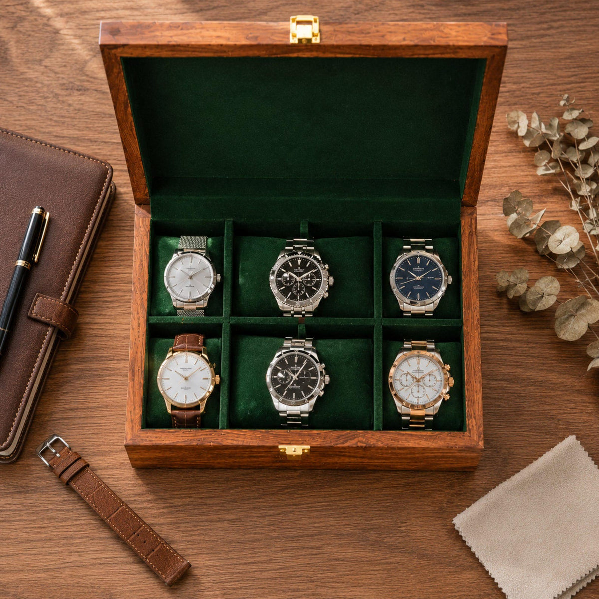Personalized Solid Wood Watch Box, 6 Slot Engraved Watch Organizer, Gift for Him