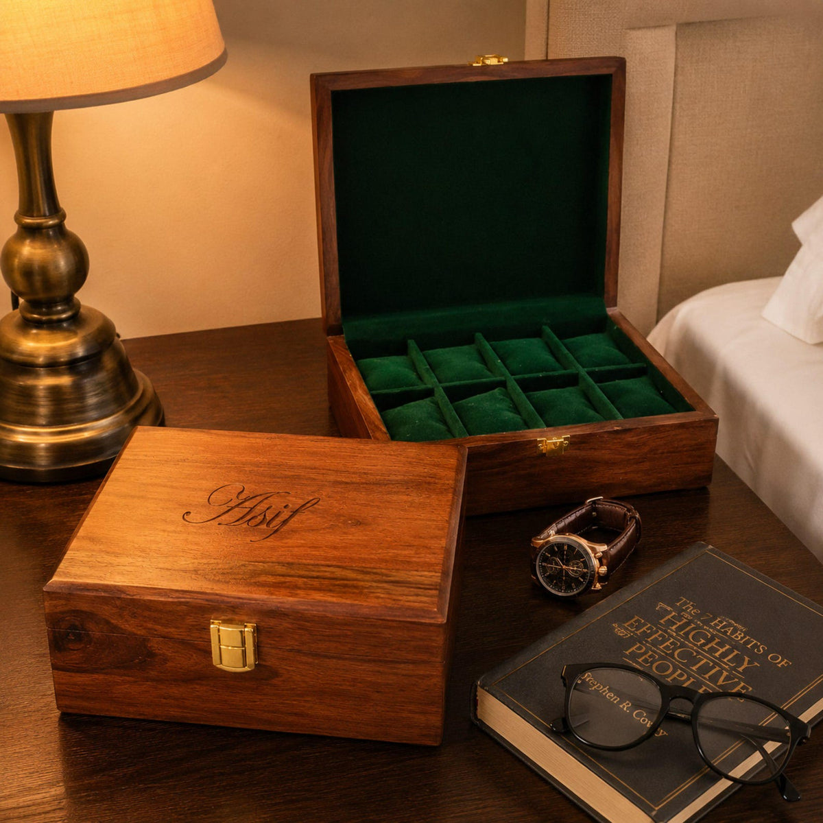 Personalized Solid Wood Watch Box, 6 Slot Engraved Watch Organizer, Gift for Him