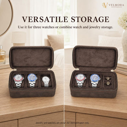 Personalized Genuine Leather Watch Case, Engraved Travel Organizer, 3 Slot Jewelry Holder, Anniversary Gift for Husband