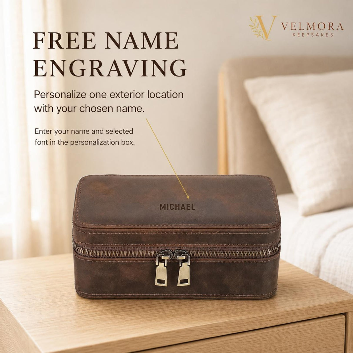 Personalized Genuine Leather Watch Case, Engraved Travel Organizer, 3 Slot Jewelry Holder, Anniversary Gift for Husband