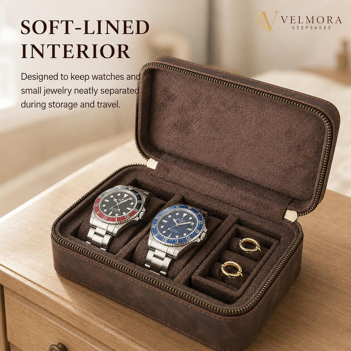 Personalized Genuine Leather Watch Case, Engraved Travel Organizer, 3 Slot Jewelry Holder, Anniversary Gift for Husband
