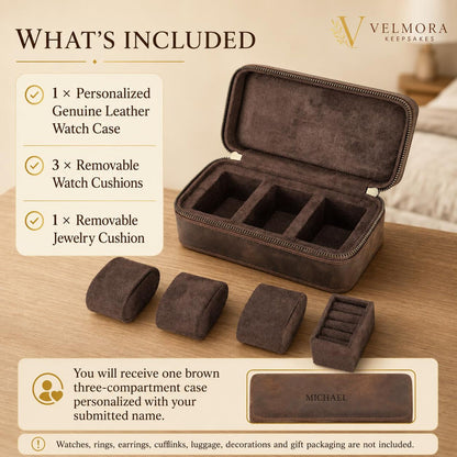 Personalized Genuine Leather Watch Case, Engraved Travel Organizer, 3 Slot Jewelry Holder, Anniversary Gift for Husband