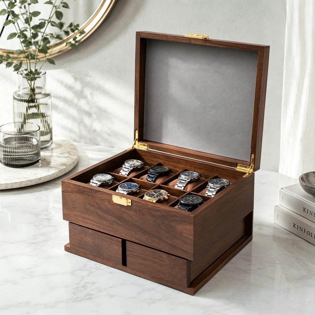 Personalized 8 Slots Watch Box,Engraved Wooden Men Jewelry Display Organizer Watch Case,Gift for Him