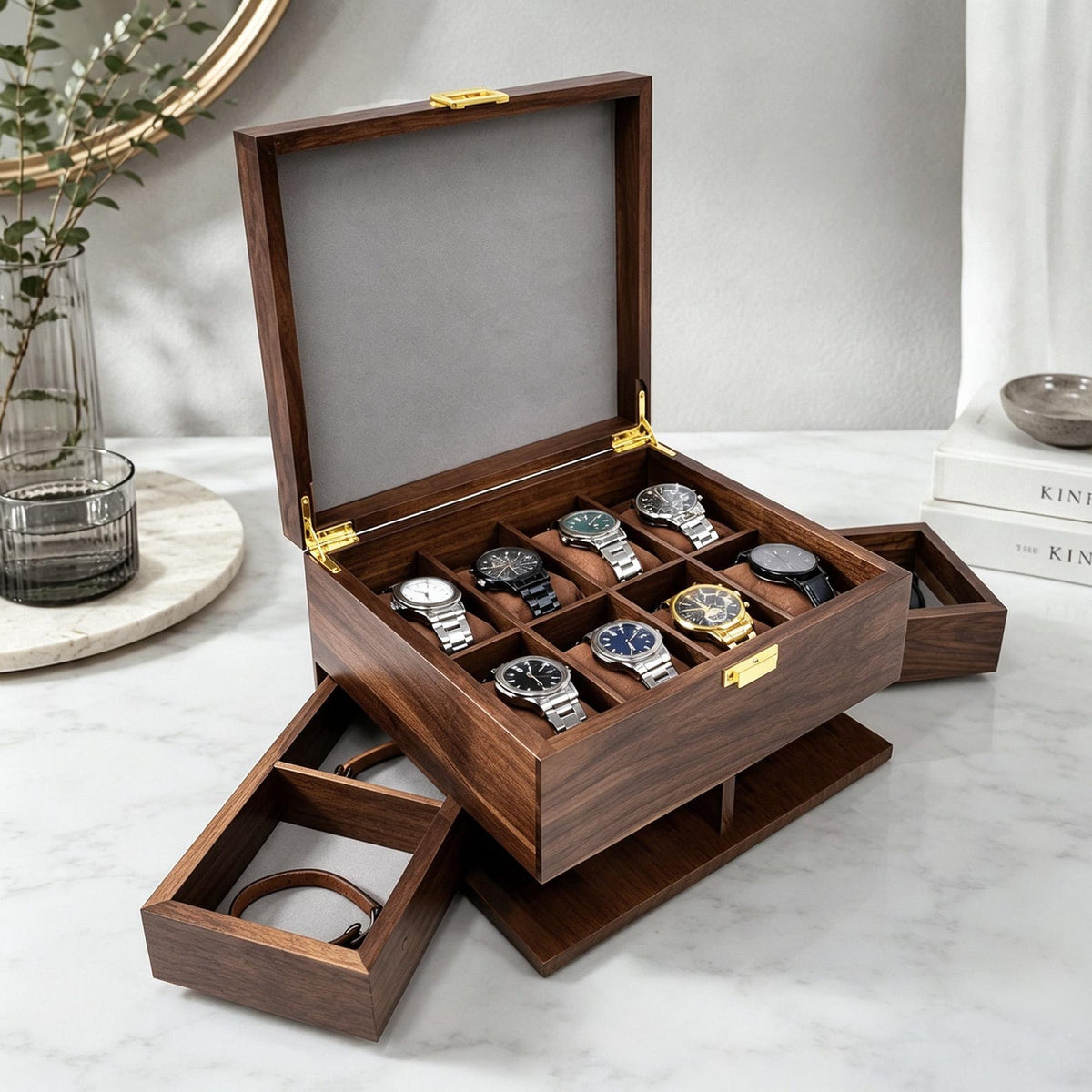 Personalized 8 Slots Watch Box,Engraved Wooden Men Jewelry Display Organizer Watch Case,Gift for Him