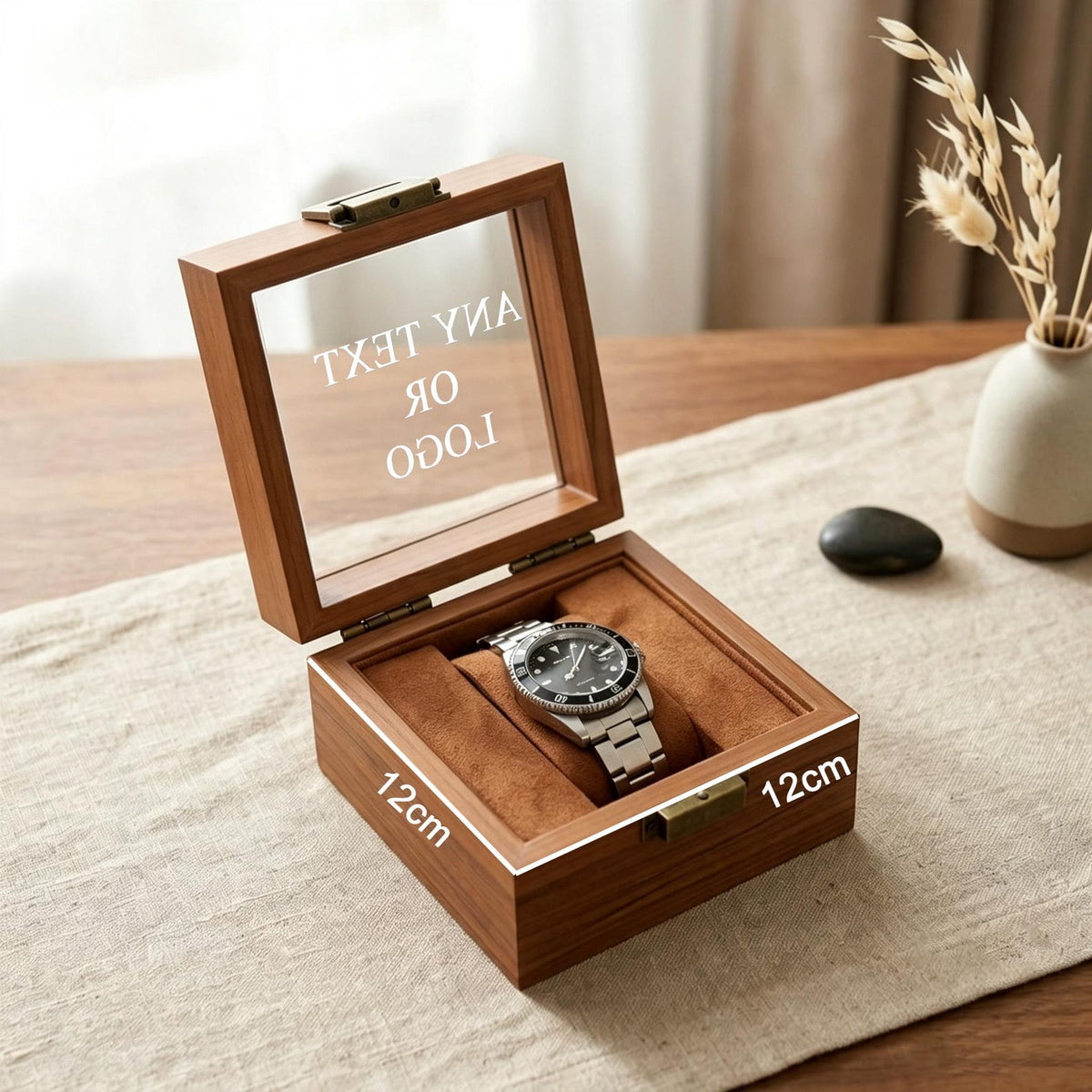 Personalized Wooden Watch Box | Engraved Glass Top Groom Gift | Wedding Day Keepsake for Husband | Custom 1 Slot Watch Case