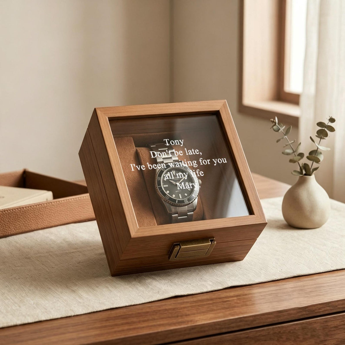 Personalized Wooden Watch Box | Engraved Glass Top Groom Gift | Wedding Day Keepsake for Husband | Custom 1 Slot Watch Case