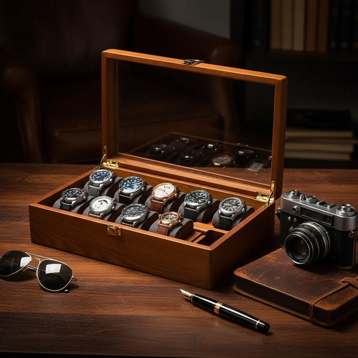 Wooden Watch Box 10 Slot Watch Organizer Case, Glass Display Watch Storage Box, Men's & Women's Watch Holder, Gift for Watch Lover