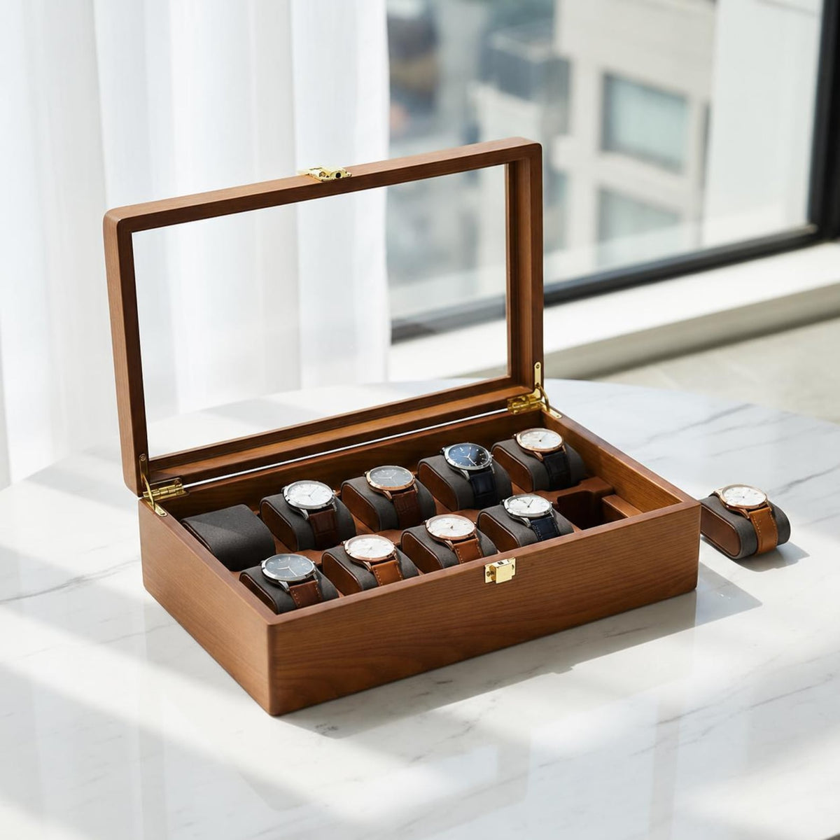 Wooden Watch Box 10 Slot Watch Organizer Case, Glass Display Watch Storage Box, Men's & Women's Watch Holder, Gift for Watch Lover