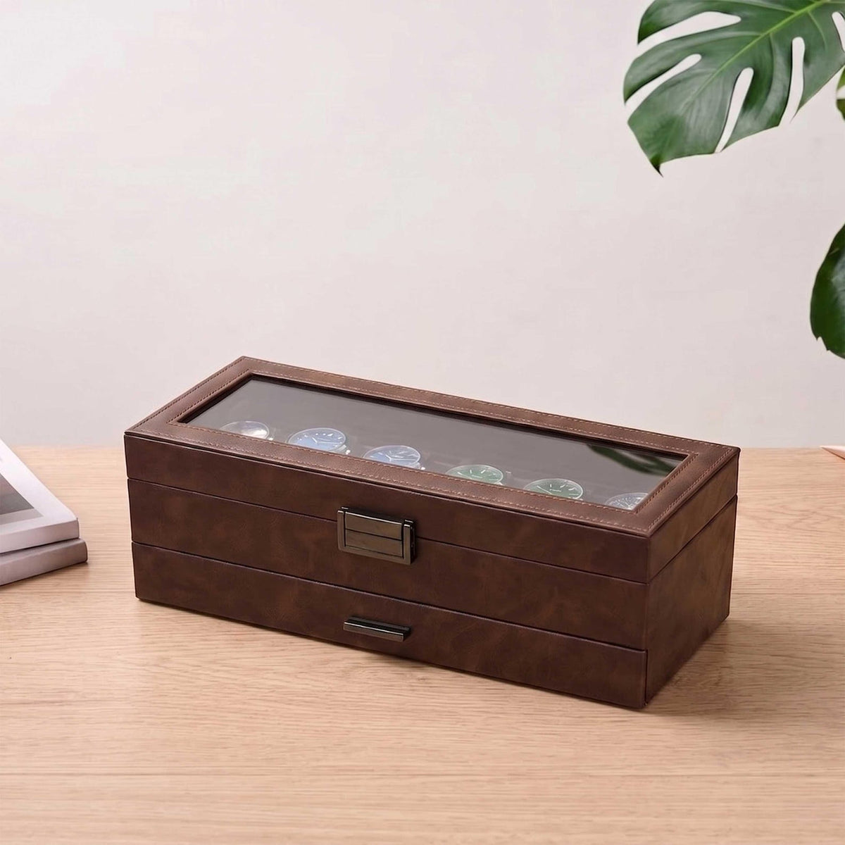 Personalized 6-Slot Watch Box with Jewelry Drawer, Custom PU Leather Watch Case for Men, Engraved Watch & Ring Organizer, Gift for Him, Dad