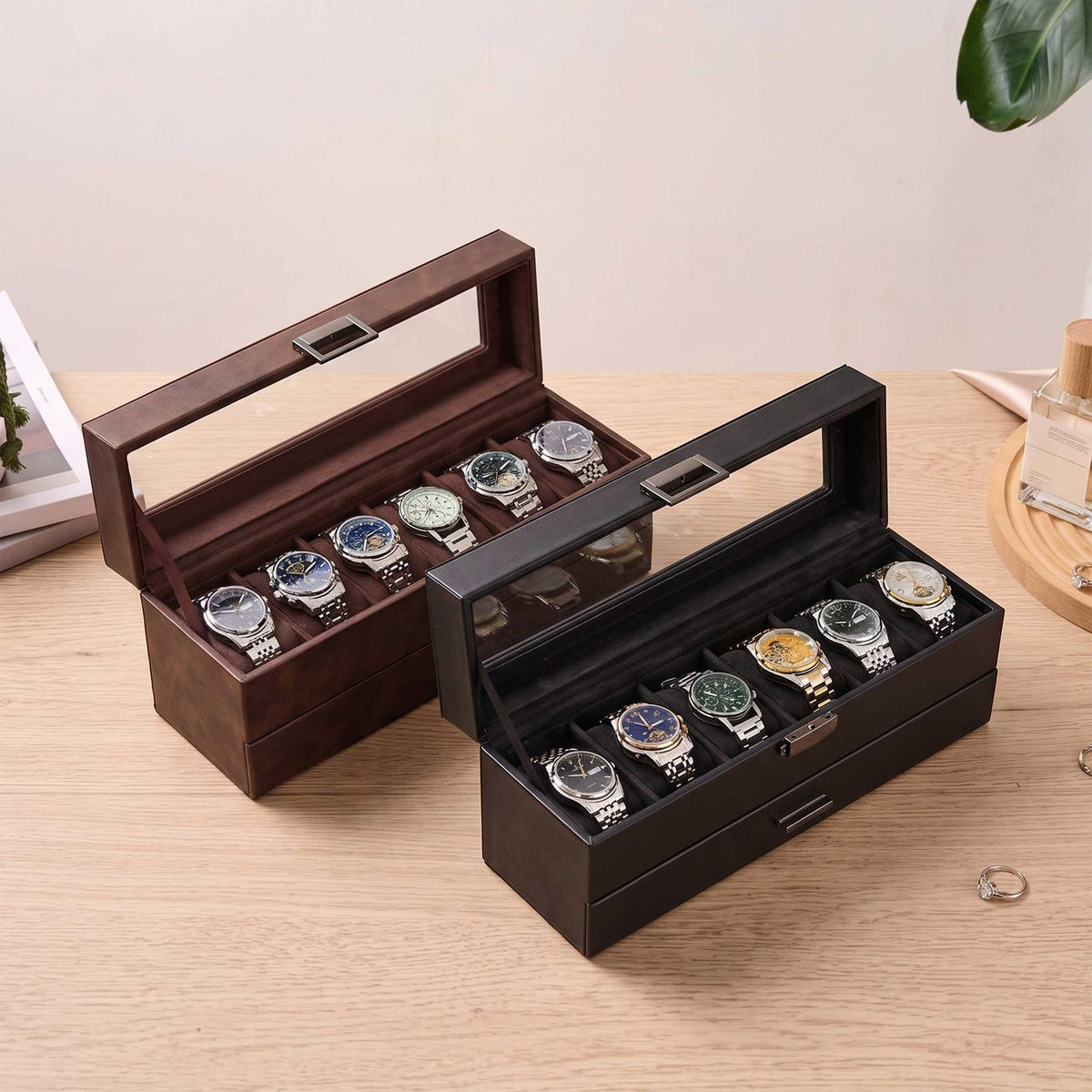 Personalized 6-Slot Watch Box with Jewelry Drawer, Custom PU Leather Watch Case for Men, Engraved Watch & Ring Organizer, Gift for Him, Dad