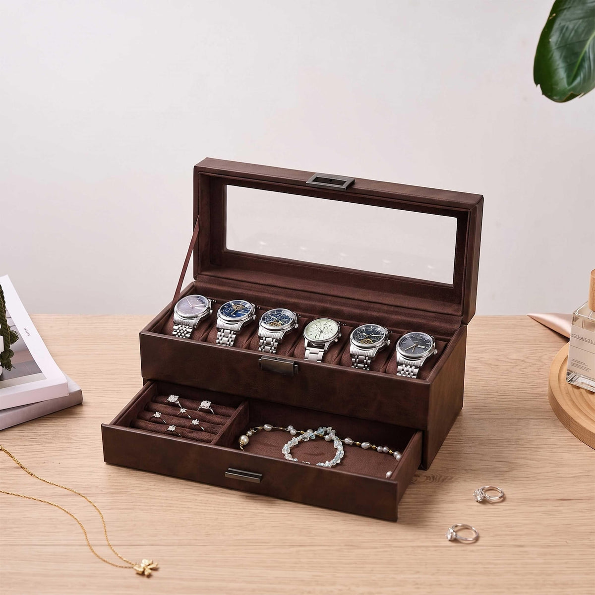 Personalized 6-Slot Watch Box with Jewelry Drawer, Custom PU Leather Watch Case for Men, Engraved Watch & Ring Organizer, Gift for Him, Dad