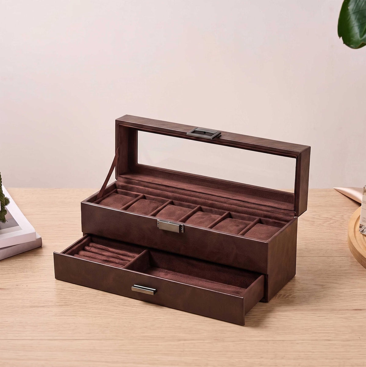 Personalized 6-Slot Watch Box with Jewelry Drawer, Custom PU Leather Watch Case for Men, Engraved Watch & Ring Organizer, Gift for Him, Dad