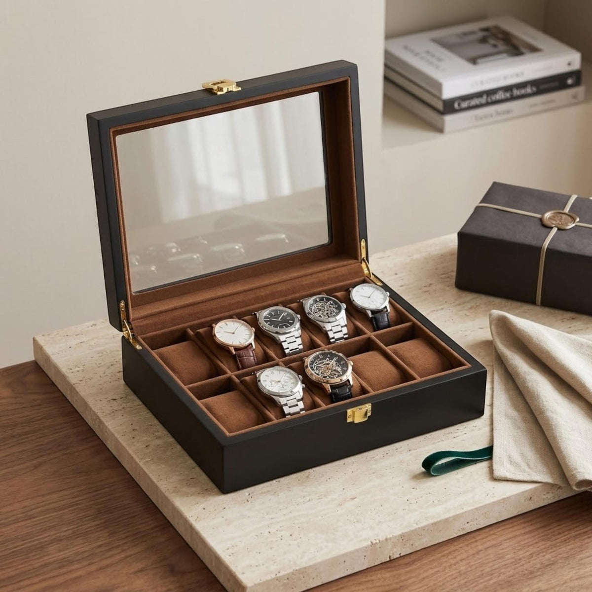 Wooden Watch Box for Men with Glass Lid, 6 10 12 Slot Watch Organizer, Black Watch Display Case, Jewelry Storage, Gift for Him