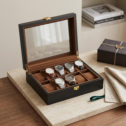 Wooden Watch Box for Men with Glass Lid, 6 10 12 Slot Watch Organizer, Black Watch Display Case, Jewelry Storage, Gift for Him