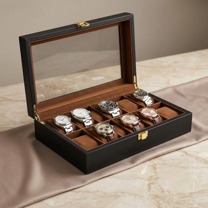 Wooden Watch Box for Men with Glass Lid, 6 10 12 Slot Watch Organizer, Black Watch Display Case, Jewelry Storage, Gift for Him
