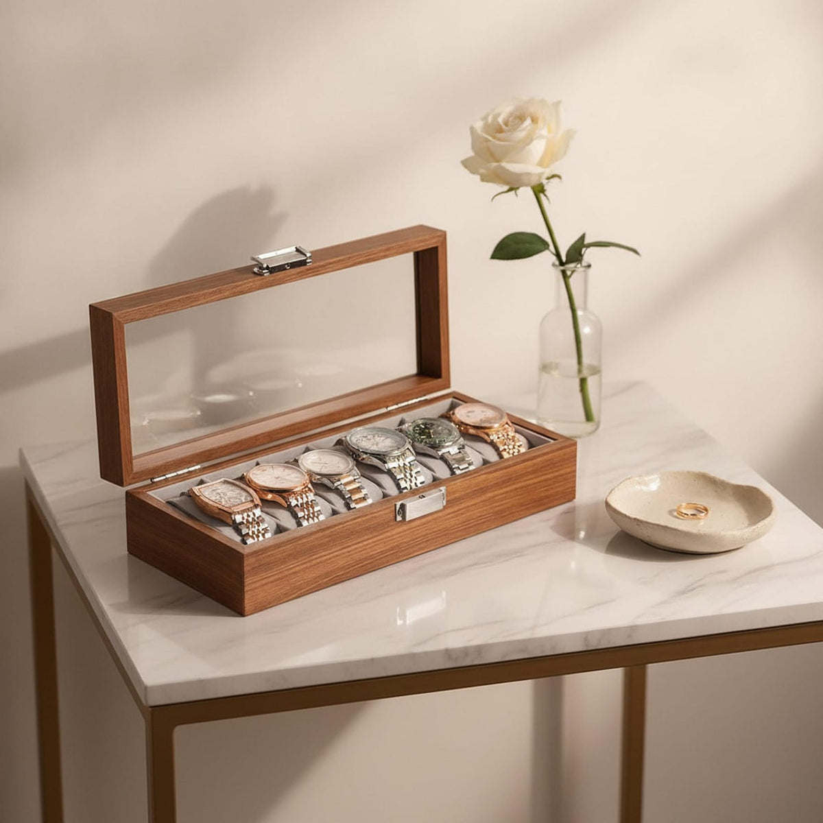 Elegant Wooden Watch Box with Glass Lid Classic Storage Solution for Timepieces and Accessories Gift for Him