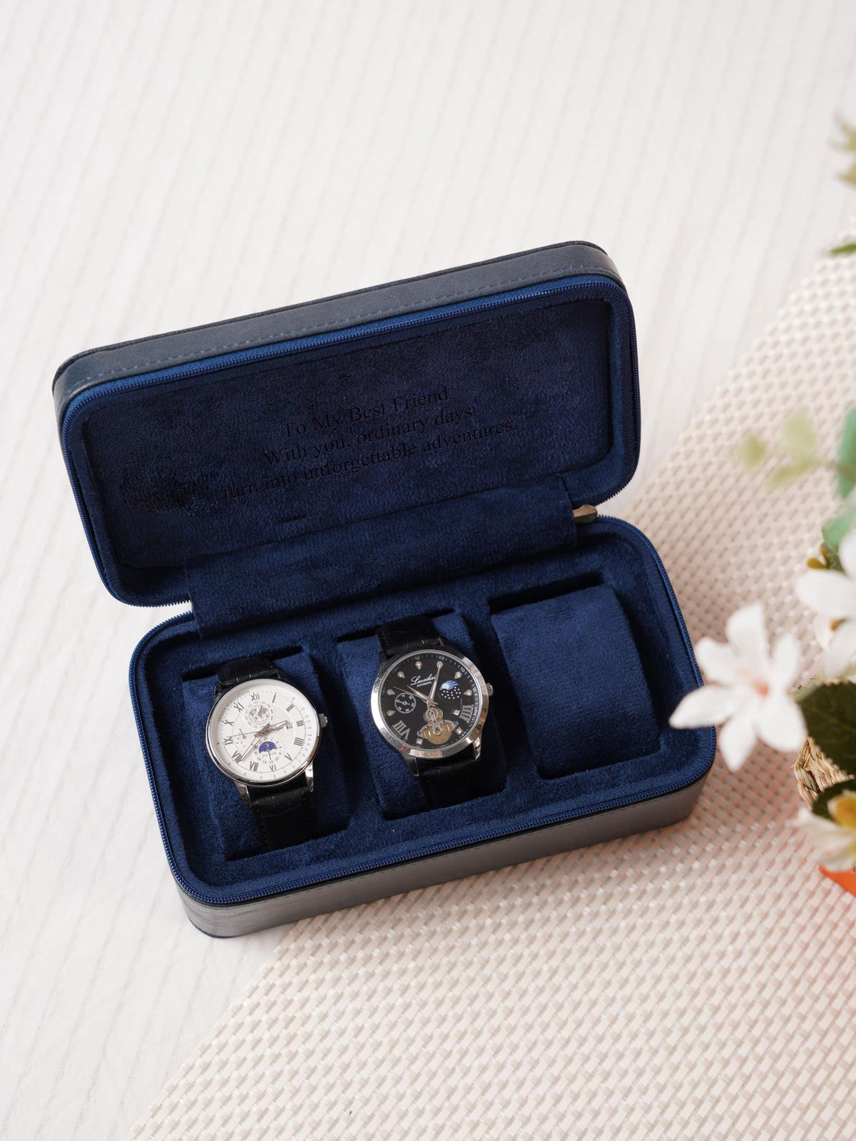 Custom 3 Watch Travel Case for Men, Personalized Watch Box with Foil Initials & Inside Engraving, Groom Husband Dad Gift