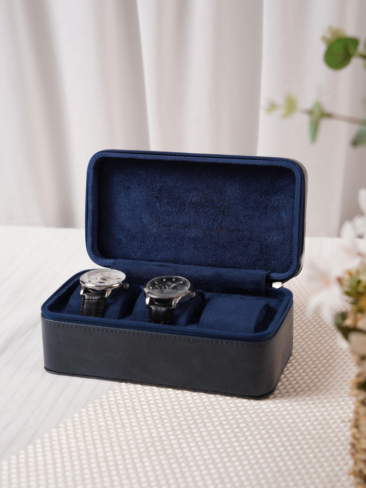Custom 3 Watch Travel Case for Men, Personalized Watch Box with Foil Initials & Inside Engraving, Groom Husband Dad Gift