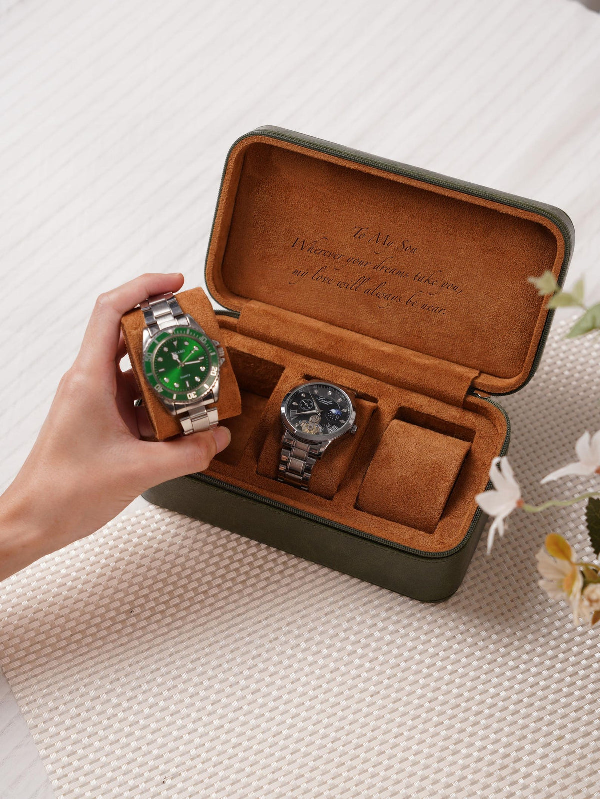 Custom 3 Watch Travel Case for Men, Personalized Watch Box with Foil Initials & Inside Engraving, Groom Husband Dad Gift