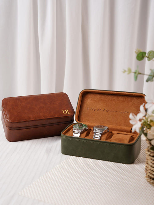 Custom 3 Watch Travel Case for Men, Personalized Watch Box with Foil Initials & Inside Engraving, Groom Husband Dad Gift