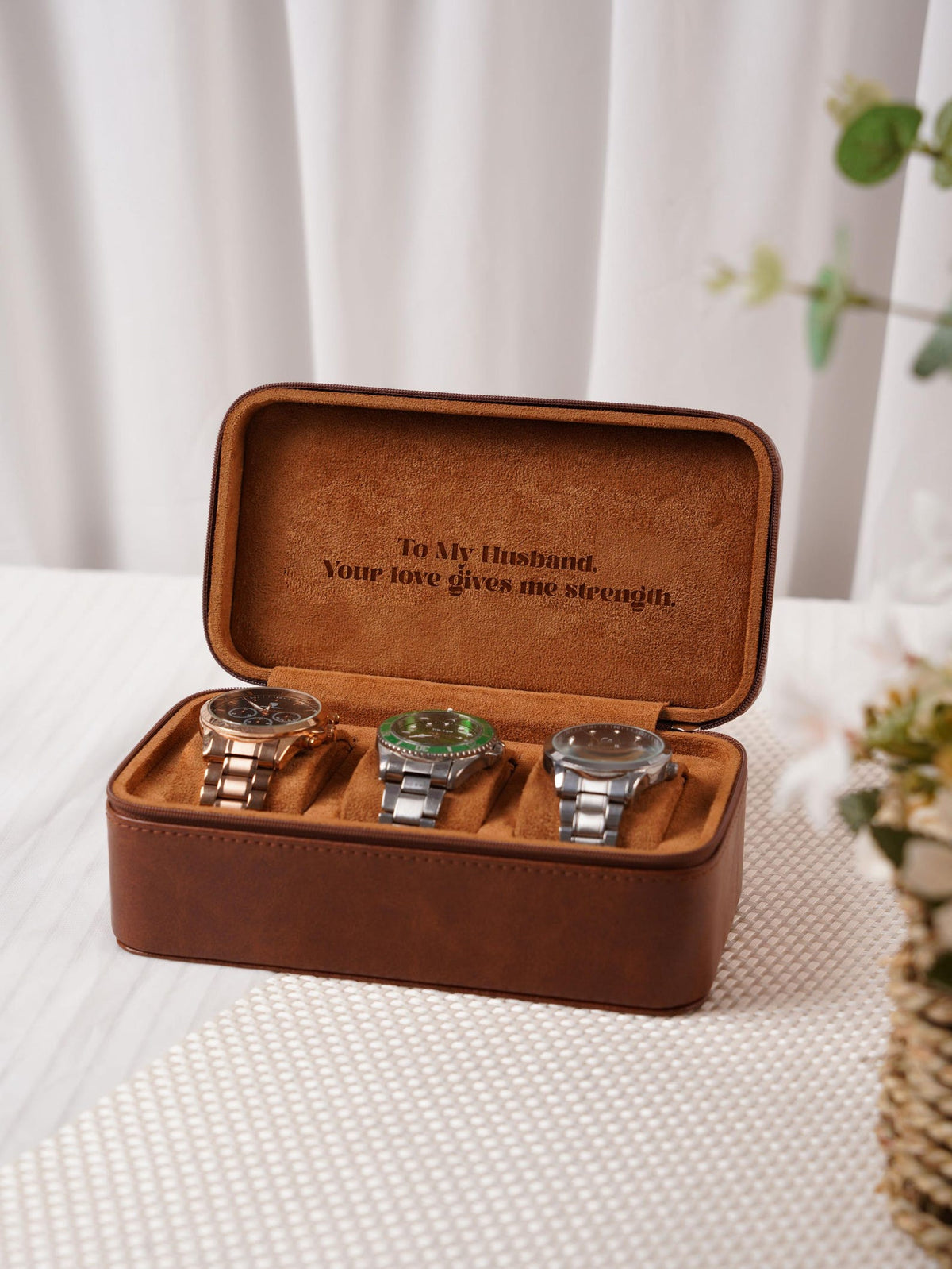 Custom 3 Watch Travel Case for Men, Personalized Watch Box with Foil Initials & Inside Engraving, Groom Husband Dad Gift