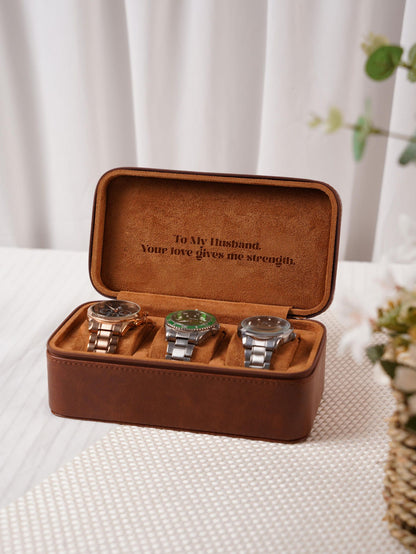 Custom 3 Watch Travel Case for Men, Personalized Watch Box with Foil Initials & Inside Engraving, Groom Husband Dad Gift