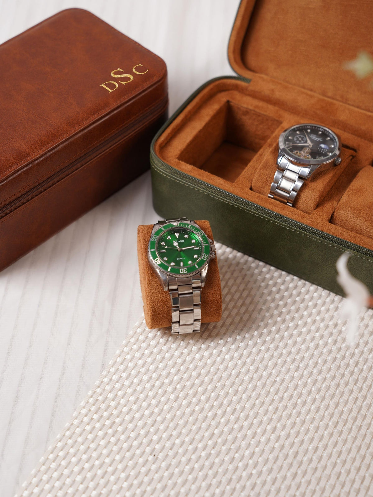 Custom 3 Watch Travel Case for Men, Personalized Watch Box with Foil Initials & Inside Engraving, Groom Husband Dad Gift