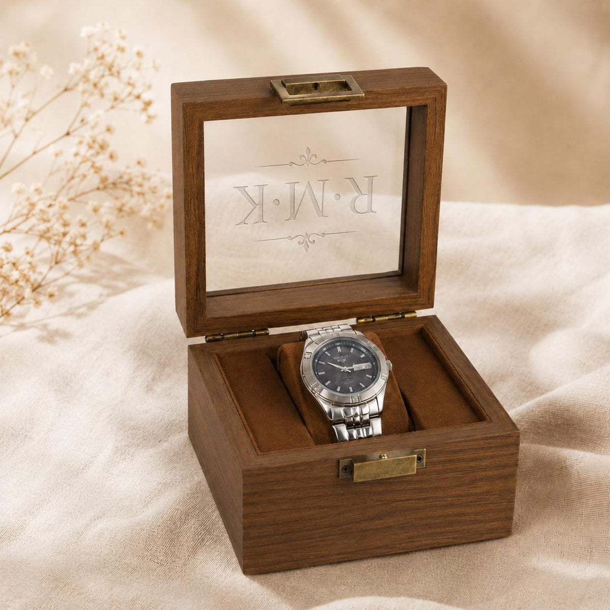 Wedding & Anniversary Gift, Engraved Walnut Watch Storage Organizer, Wooden Watch Display Case, Personalized Timepiece Organizer for Men