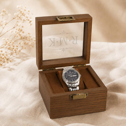 Wedding & Anniversary Gift, Engraved Walnut Watch Storage Organizer, Wooden Watch Display Case, Personalized Timepiece Organizer for Men