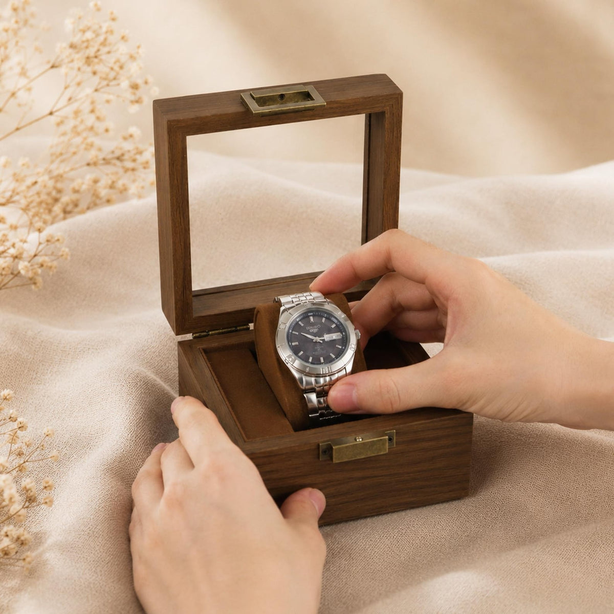 Wedding & Anniversary Gift, Engraved Walnut Watch Storage Organizer, Wooden Watch Display Case, Personalized Timepiece Organizer for Men