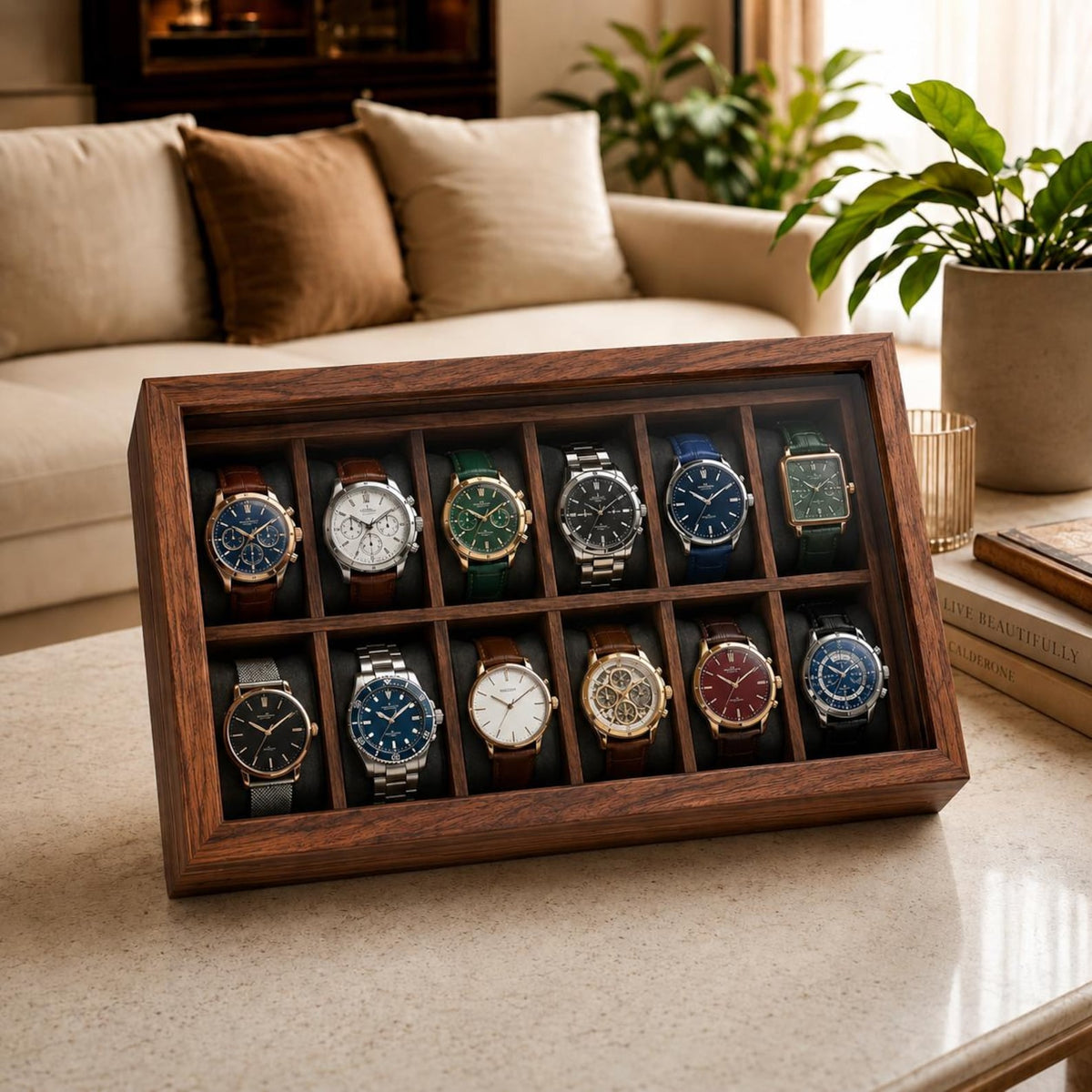 Personalized Wooden Watch Box 2-12 Slot, Glass Top Watch Organizer, Engraved Watch Display Case, Gift for Husband, Dad, Anniversary Gift