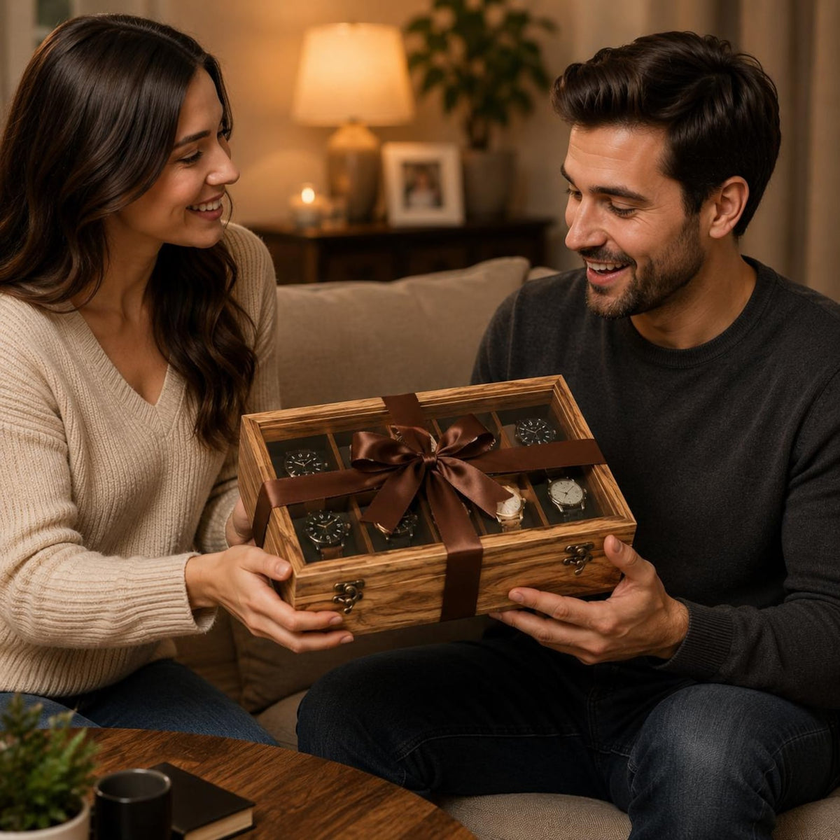 Personalized Wooden Watch Box 2-12 Slot, Glass Top Watch Organizer, Engraved Watch Display Case, Gift for Husband, Dad, Anniversary Gift