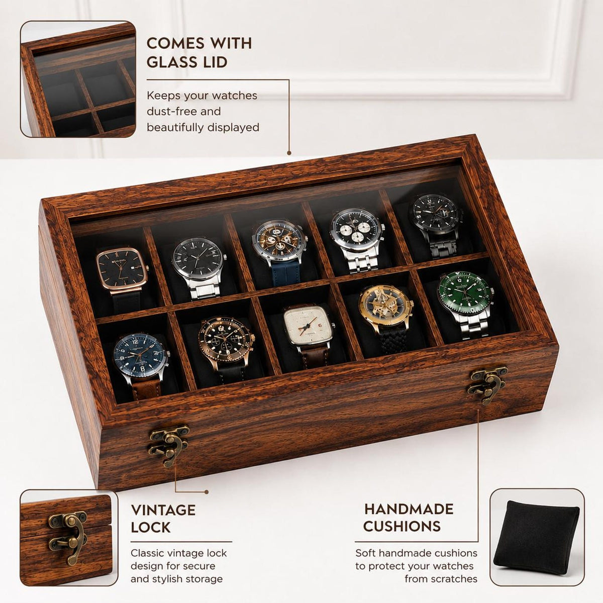 Personalized Wooden Watch Box 2-12 Slot, Glass Top Watch Organizer, Engraved Watch Display Case, Gift for Husband, Dad, Anniversary Gift