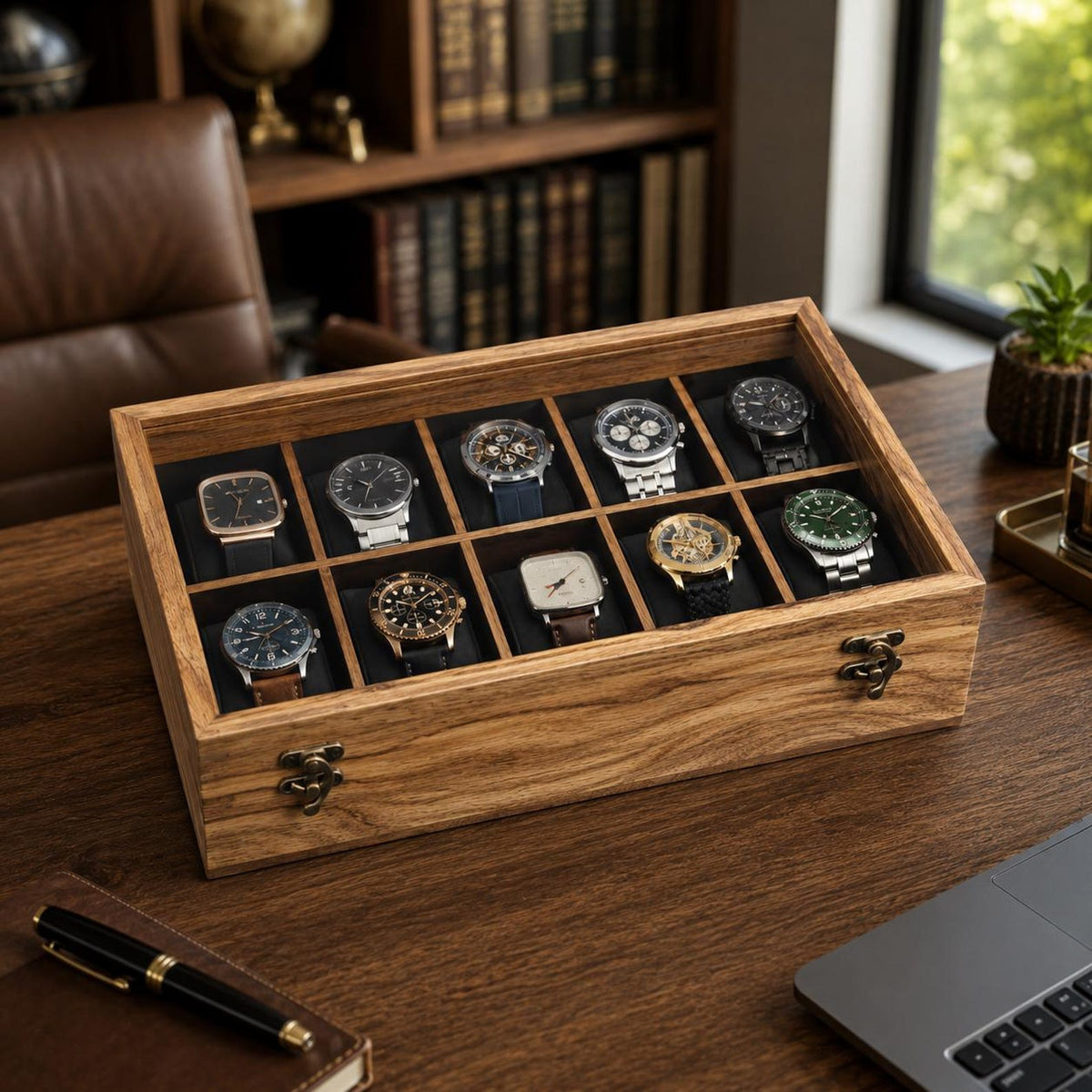 Personalized Wooden Watch Box 2-12 Slot, Glass Top Watch Organizer, Engraved Watch Display Case, Gift for Husband, Dad, Anniversary Gift