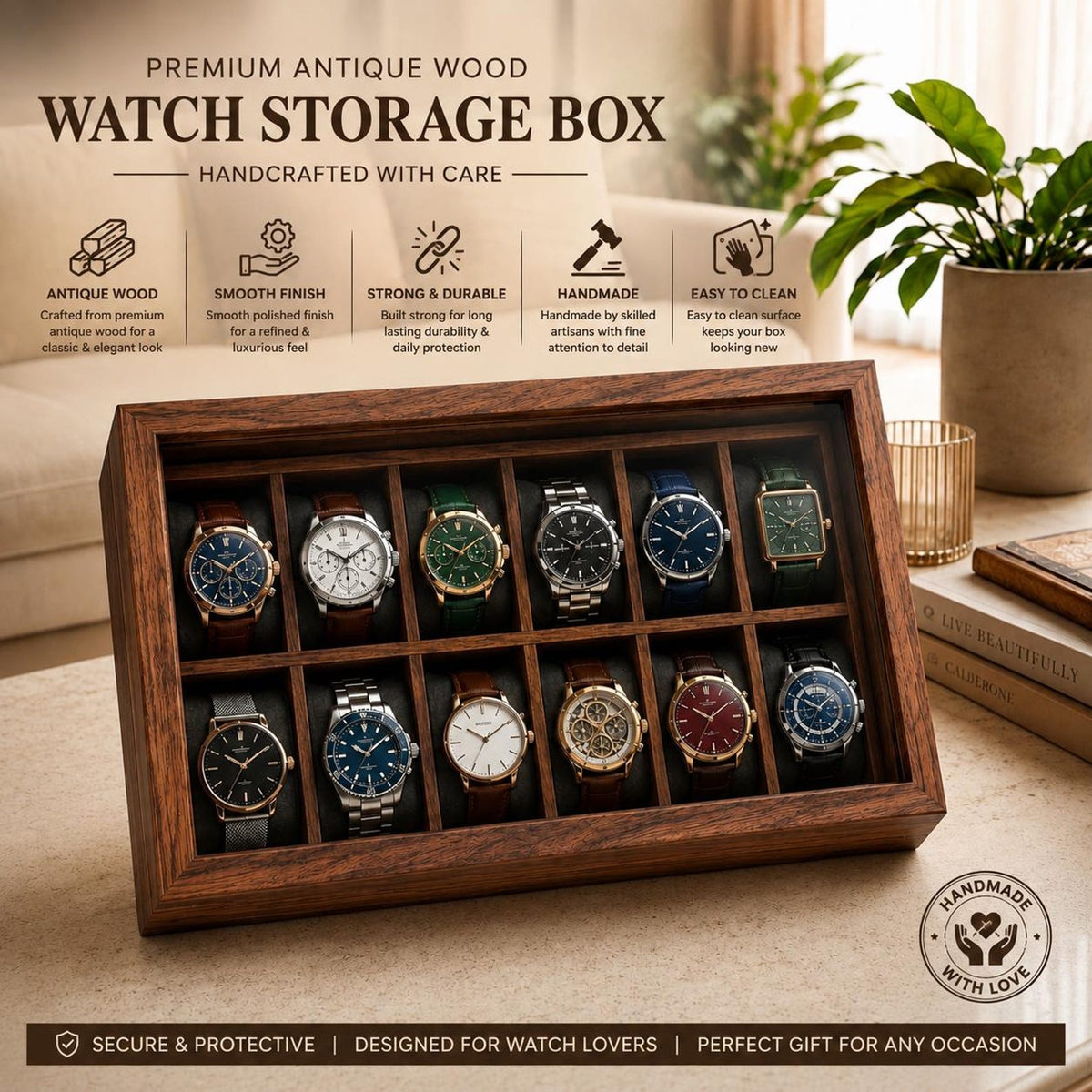 Personalized Wooden Watch Box 2-12 Slot, Glass Top Watch Organizer, Engraved Watch Display Case, Gift for Husband, Dad, Anniversary Gift