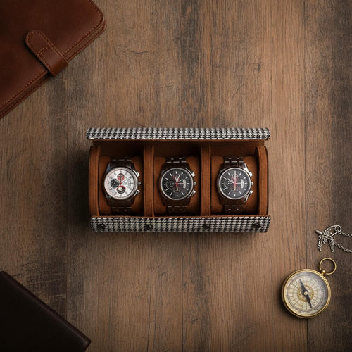 Cylindrical Watch Storage Case Houndstooth Pattern Brown Leather Travel Organizer Gift for Watch Enthusiasts