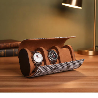 Cylindrical Watch Storage Case Houndstooth Pattern Brown Leather Travel Organizer Gift for Watch Enthusiasts