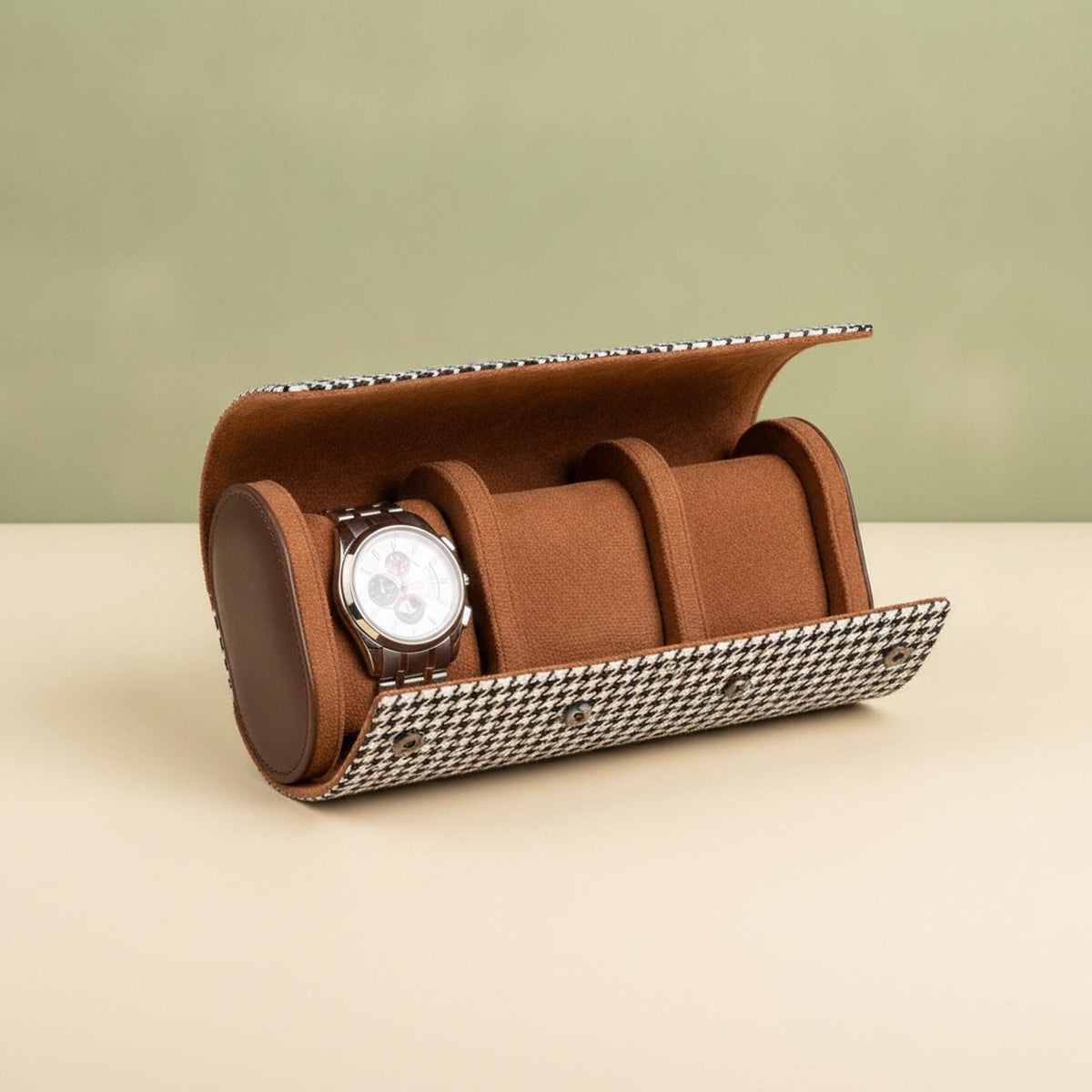 Cylindrical Watch Storage Case Houndstooth Pattern Brown Leather Travel Organizer Gift for Watch Enthusiasts