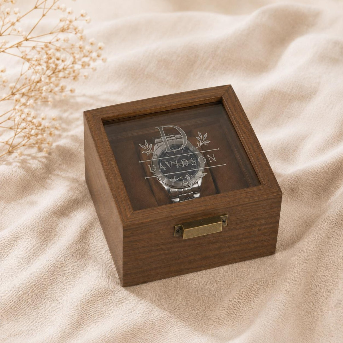 Wedding & Anniversary Gift, Engraved Walnut Watch Storage Organizer, Wooden Watch Display Case, Personalized Timepiece Organizer for Men