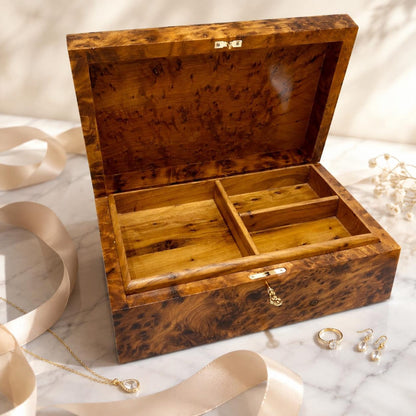 Large Thuya Wood Jewelry Box with Key – 26cm Lockable Valet & Watch Storage – Minimalist Burl Wood Keepsake – Luxury Gift