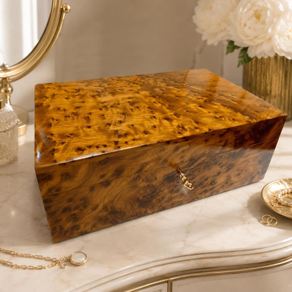 Large Thuya Wood Jewelry Box with Key – 26cm Lockable Valet & Watch Storage – Minimalist Burl Wood Keepsake – Luxury Gift